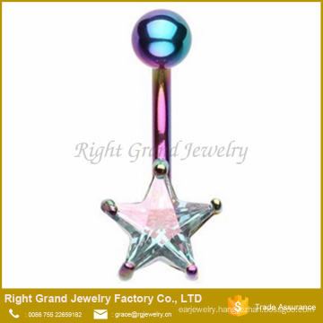 Star Prong Set Cubic Zircon 316L Surgical Steel Rainbow Plated Navel Belly Ring